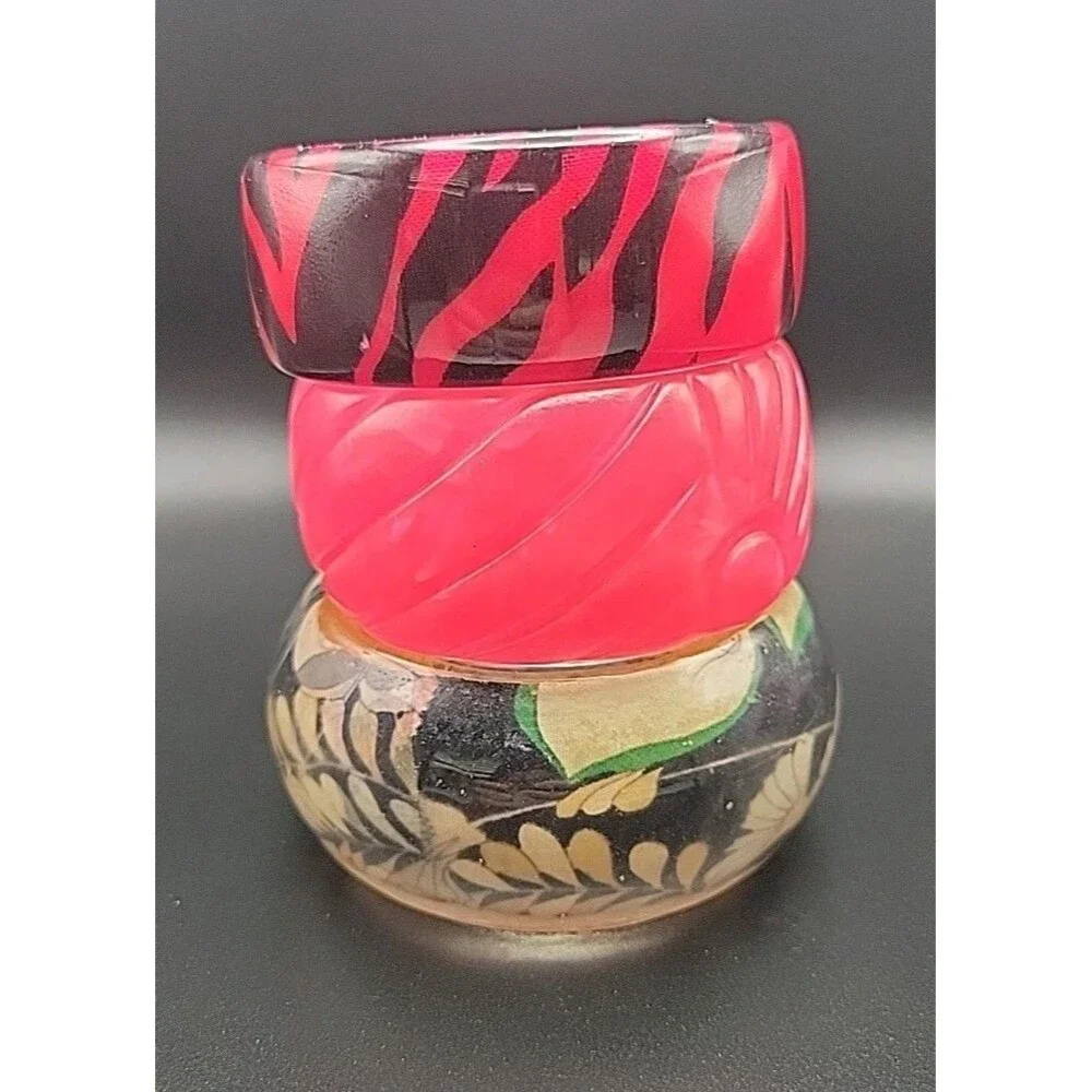 Vintage Chunky Bangle Bracelet Lot 3 Pink Tiger Lucite Carved Resin Wood Leaf